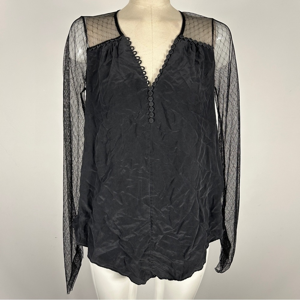 BCBGeneration Black Sheer Silk Mesh Sleeve Blouse S-M *Brand/Size Tag missing*